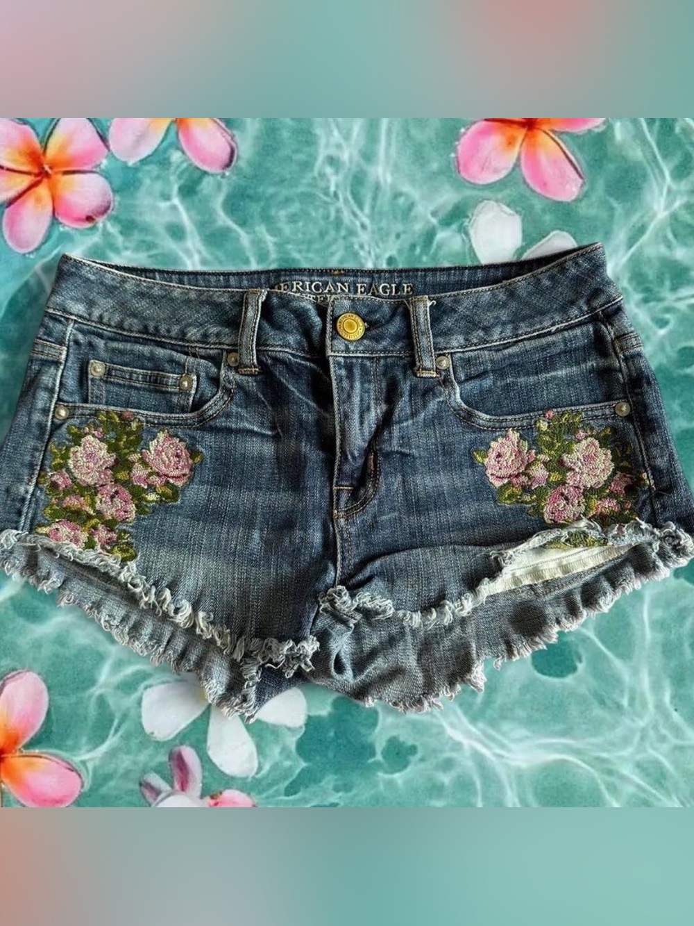 American Eagle Outfitters Blue Denim Shorts with Pink Floral Embroidery